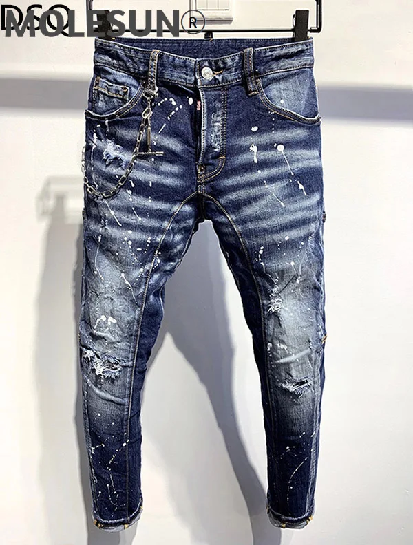 

European style dsq brand men Italy jeans pants Men biker denim jeans straight trousers hole blue stripe Pants jeans for men 351
