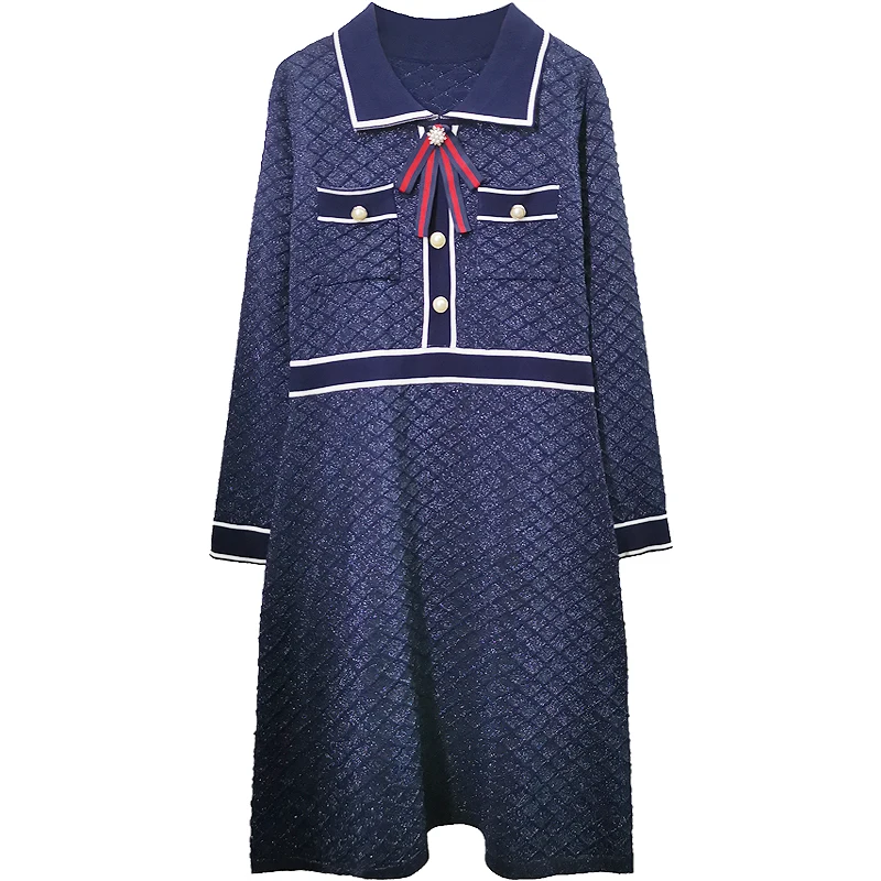 

Vintage Elegant Knitted Women Dress Spring Autumn Full Sleeve Turn-down Collar Bowtie Knee-length Dresses Vestidos Femme 2021