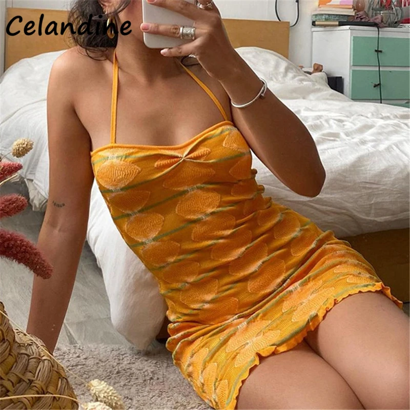 Celandine Fashion Y2K Sexy Party Club Knitted Women Mini Bodycon Dress Sleeveless Halter Tie Dye Casual Chic Stripe Wrap Dress