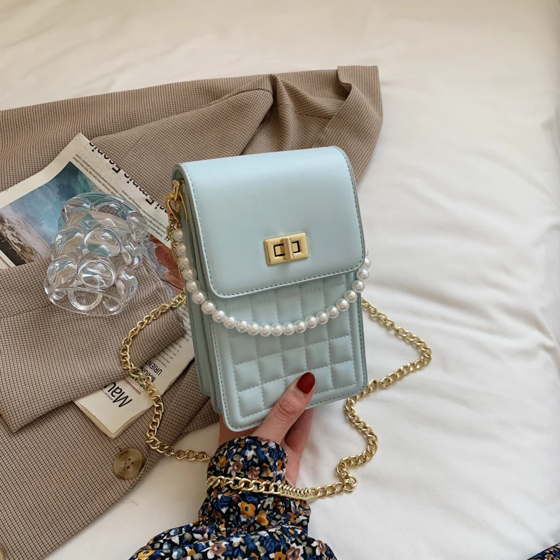 

Soft Leather Chain Shoulder Bags for Women 2021 Simple Women's Mobile Phone Bag Beads Trending Solid Color Travel Handbag