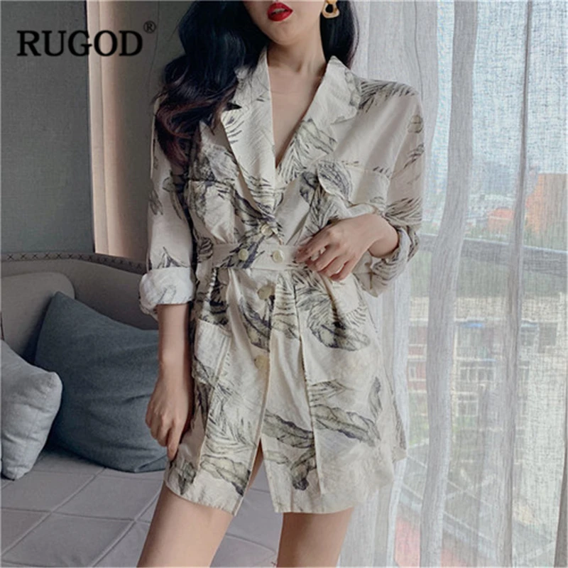 RUGOD New Women Thin Blazers Cotton And Linen Pockets Casual Coat Stylish Print Oversize Tunic Blazer Buttons Temperament