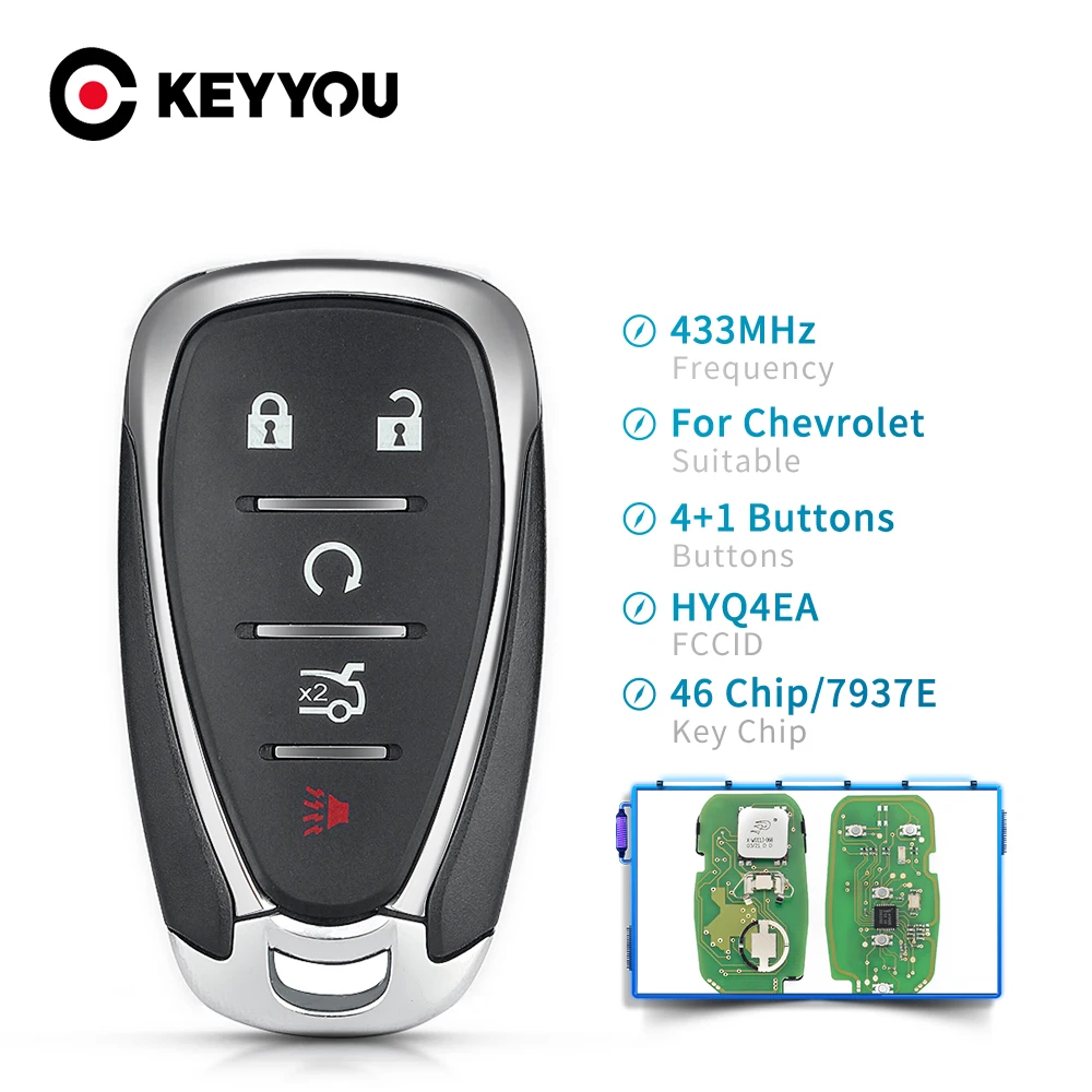 

Ключ KEYYOU Smart с дистанционным управлением, 5 кнопок, 433 МГц, чип ID46 для Chevrolet, Camaro, Equinox, Cruze, Malibu Spark, HYQ4EA, с аварийным ключом