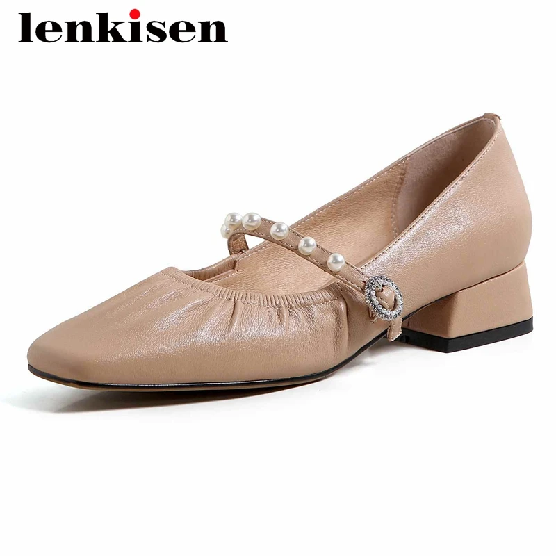 

Lenkisen gladiator full grain leather pleated all-match pearl square toe med heel buckle straps dating classics women pumps L25