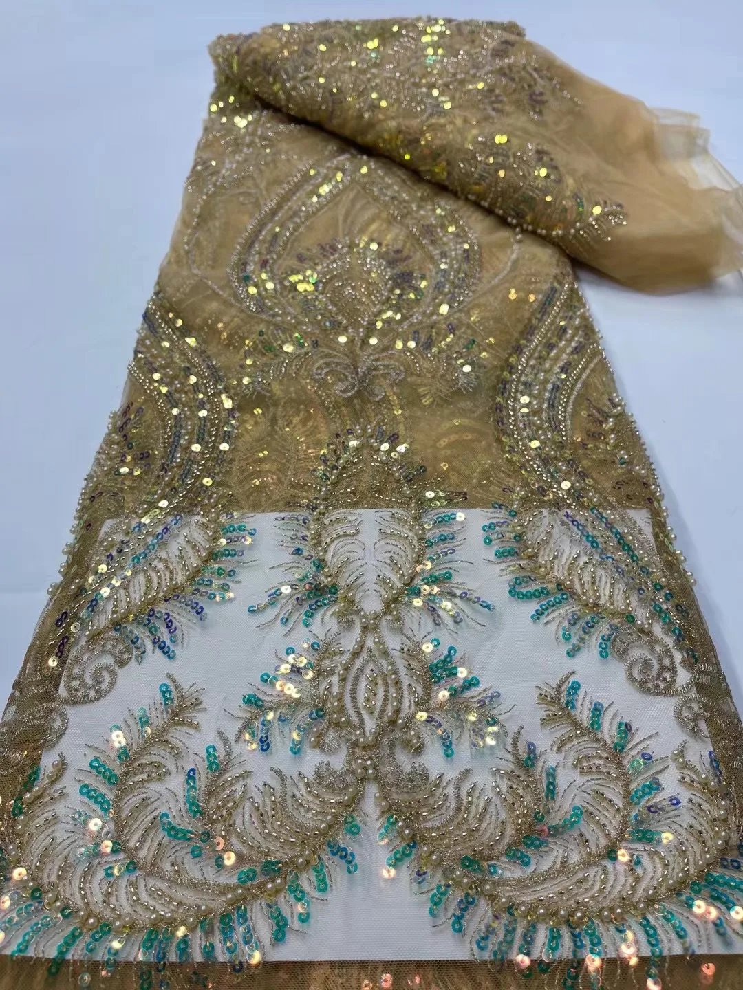 

Новейшая Золотая сетчатая кружевная ткань ручной работы, Высококачественная африканская кружевная ткань из бисера, вышивка, сетчатая круж...
