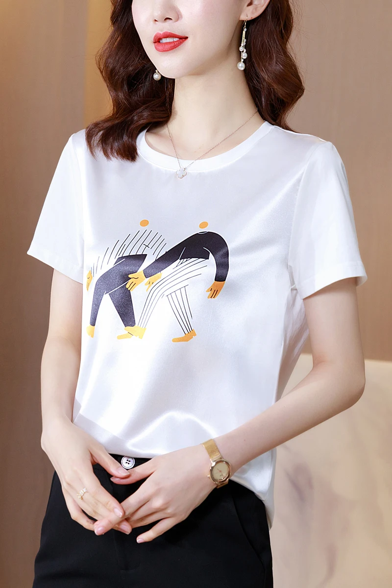 

Summer Korean Fashion Silk T-shirts for Women Vintage Satin Tops for Women Short Sleeves Plus Size XXXL White Office Lady Shirts