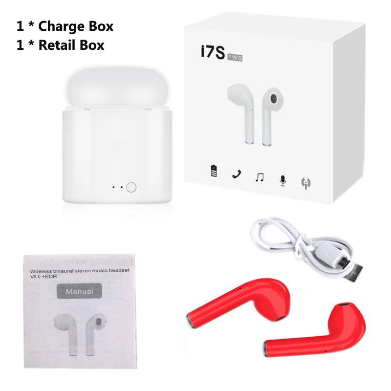 2 Red Retail Box TWS i7S беспроводные наушники-вкладыши Bluetooth V5.0 гарнитура музыкальные наушники-вкладыши с зарядкой для iPhone Xiaomi всех смартфонов - Цвет: 2 Red Retail Box