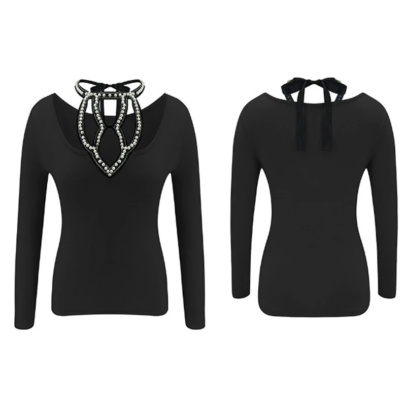 

Long Sleeved Off Shoulder Solid Beading Tops And Blouse Women Hollow Out White Shirt Ladies Casual Slim Autumn Camisa