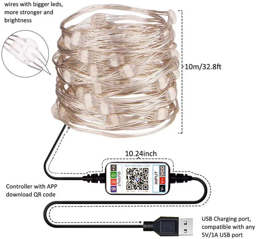 

Thrisdar Smart Bluetooth App Control RGB Christmas Tree Fairy String Light 10M 20M Waterproof USB Copper Wire Fairy Light