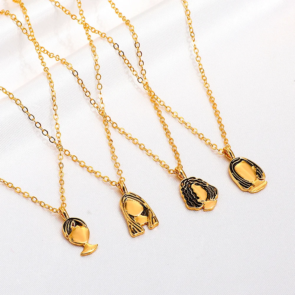 

Creative Metal Curly Hair Girl Pendant Necklace For Women New Design Gold Color Retro Portrait Choker Necklace Couples Jewelry