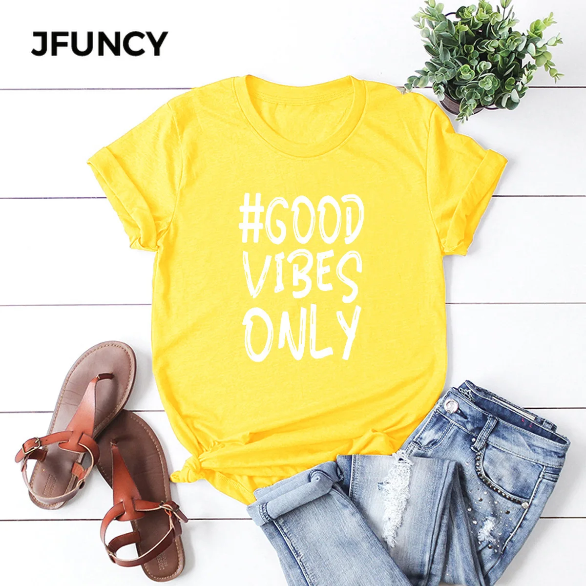 

JFUNCY Cartoon T-shirt Women's 100% Cotton Tshirt GOOD VIBES ONLY Letter Print 5XL Oversize Harajuku Summer Tee Shirt Female Top