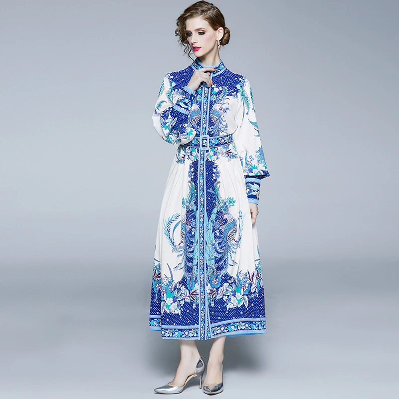 

DROWYD Vintage Blue Printed Maxi Dress Casual Women Fashion Girls Boho Single-breasted Long Dress Elegant Party Dresses Vestidos