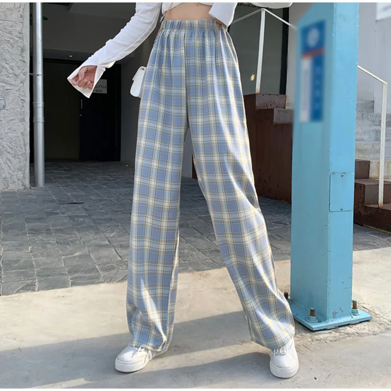 

INS Cool Women Baggy Blue Pants Lady Oversized Wide Leg Plaid Slacks Harem Pants Student Autumn Purple Pink Long Flare Trousers
