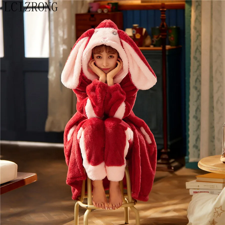 

Cute Rabbit Ear Cartoon Girl Loose Robes and Long Pants Set Warm Big Thick Hooded Pajamas Set for Women Homewear Pijama Mujer
