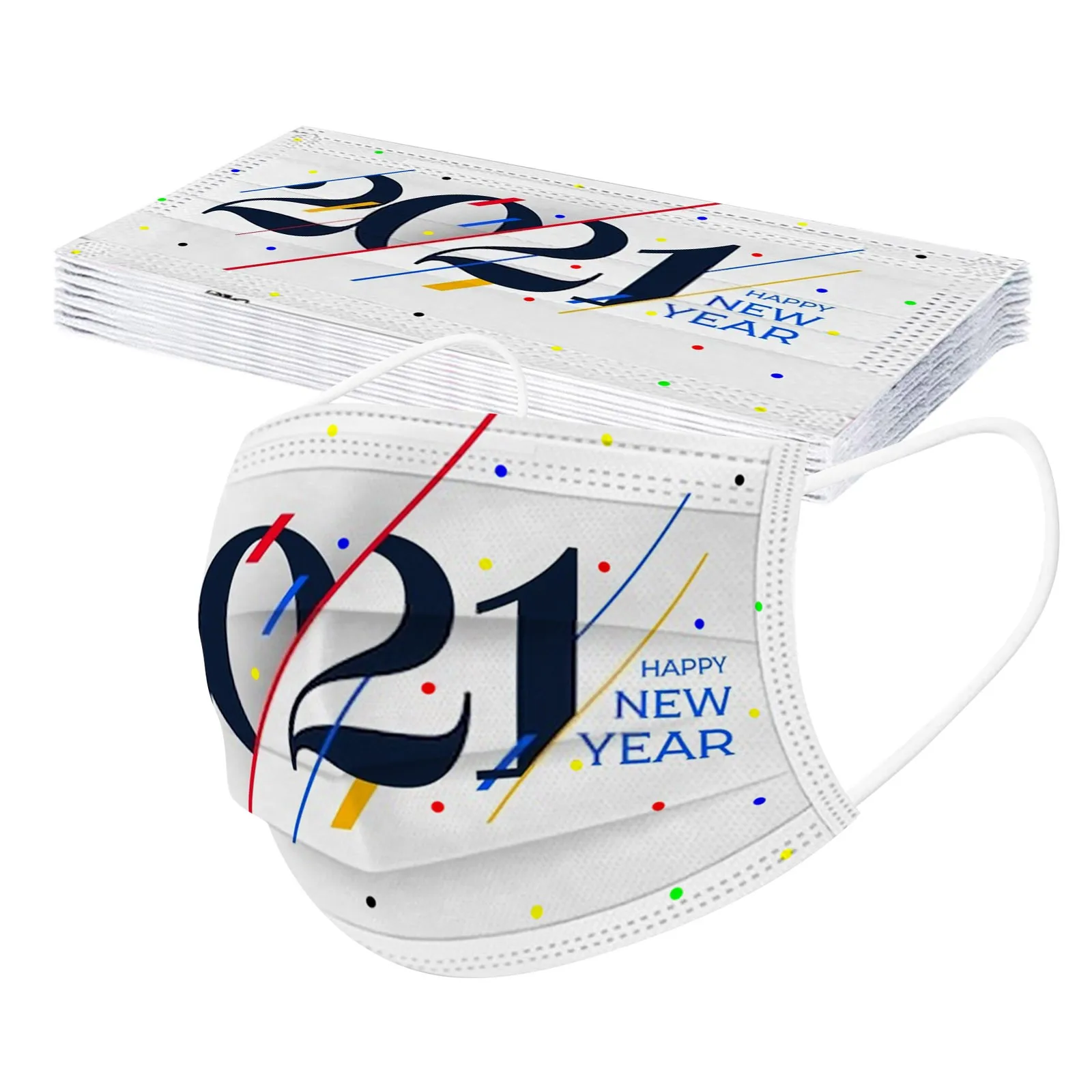 

Happy New Year 2021 10pcs Adult Disposable Masks Christmas Print Face Mask Protective Mouth Cover Breathable Facemask Mascara