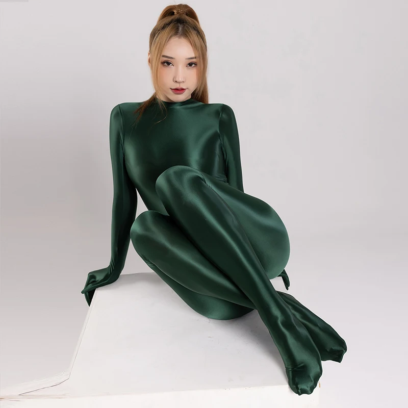 Shiny Glossy Satin Sexy Zentai Women Long Sleeve Finger Gloves Zipper Back Full Length One-piece Bodysuit Silky Tights Catsuit images - 6