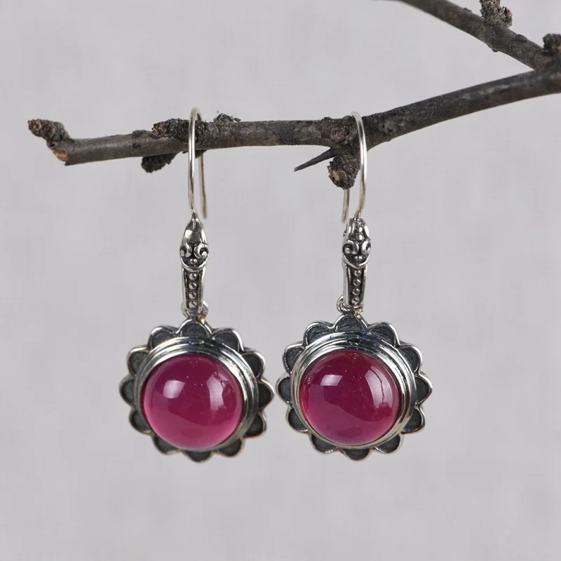 

FNJ Sun Flower Earrings 925 Silver 100% Pure Original S925 Silver Sterling Drop Earring for Women Jewelry Rose Corundum