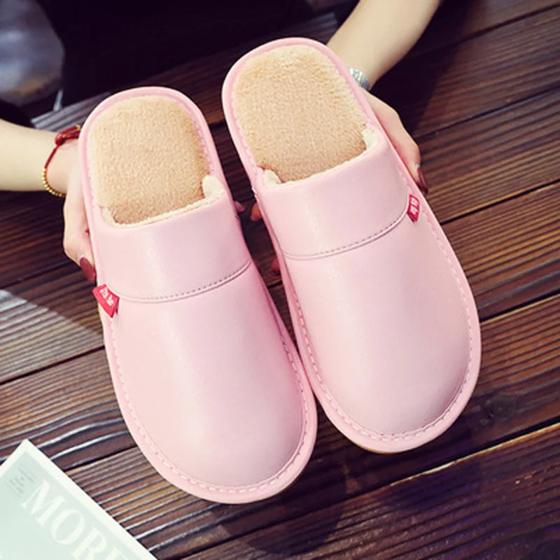 

Leather Slippers Women Plus Size 35-46 High Quality Waterproof Ladies Winter Slippers Short Plush Shoes Female Indoor Slippers