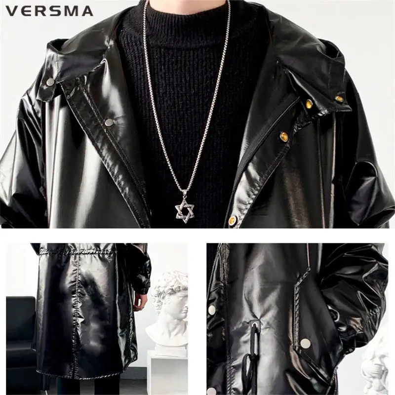 VERSMA Korean Classic Black Long Pu Leather Trench Coat Large Size Men Women Autumn Shiny Oversize Youth Jacket Men Dropshipping