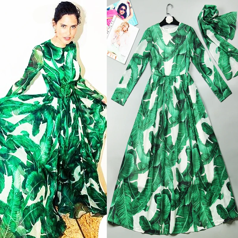 

S-3XL High Quality 2020 Summer New Fashion Party Banana Leaves Exquisite Printing Elegant Long Dress Women Beach Vacation
