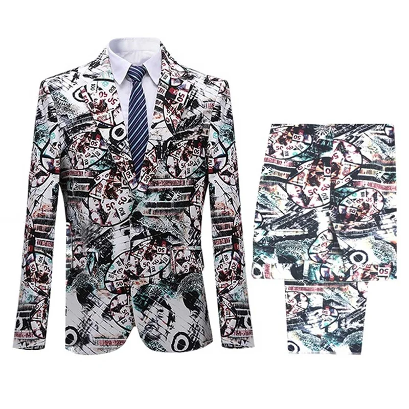 Костюм мужской с цветным принтом пиджак и брюки одной пряжкой|Костюмы| |
