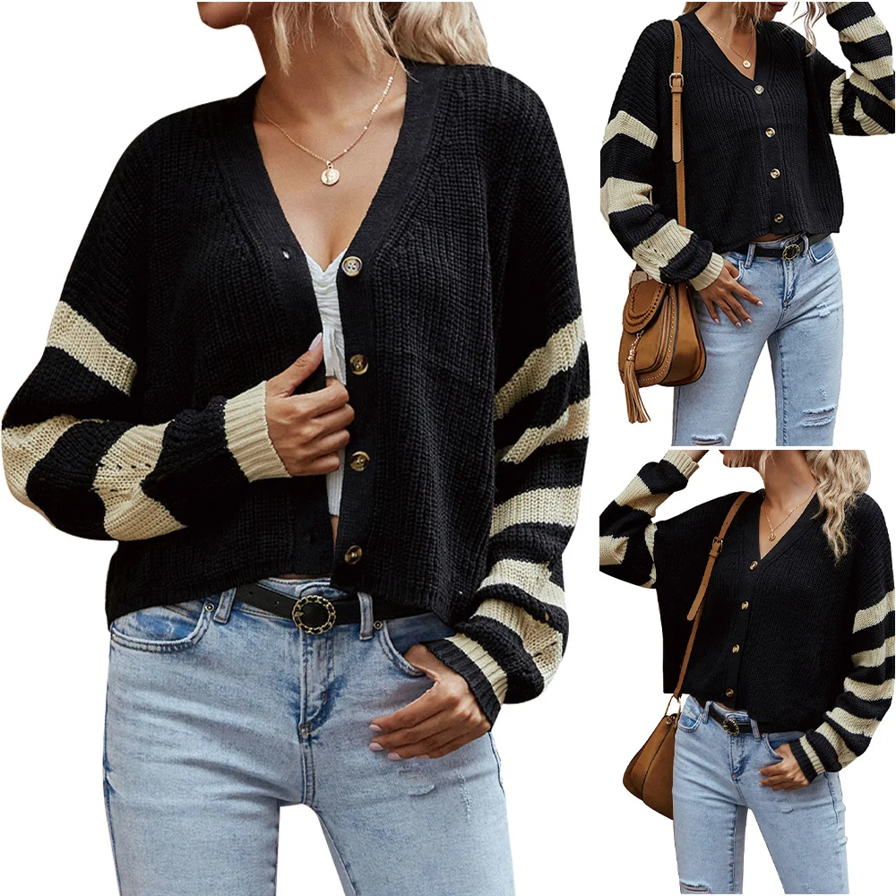 

Womens Striped V Neck Long Sleeve Knitted Fashion Single Breasted Sweater Cardigan Ladies Casual Loose Tops 2021 New