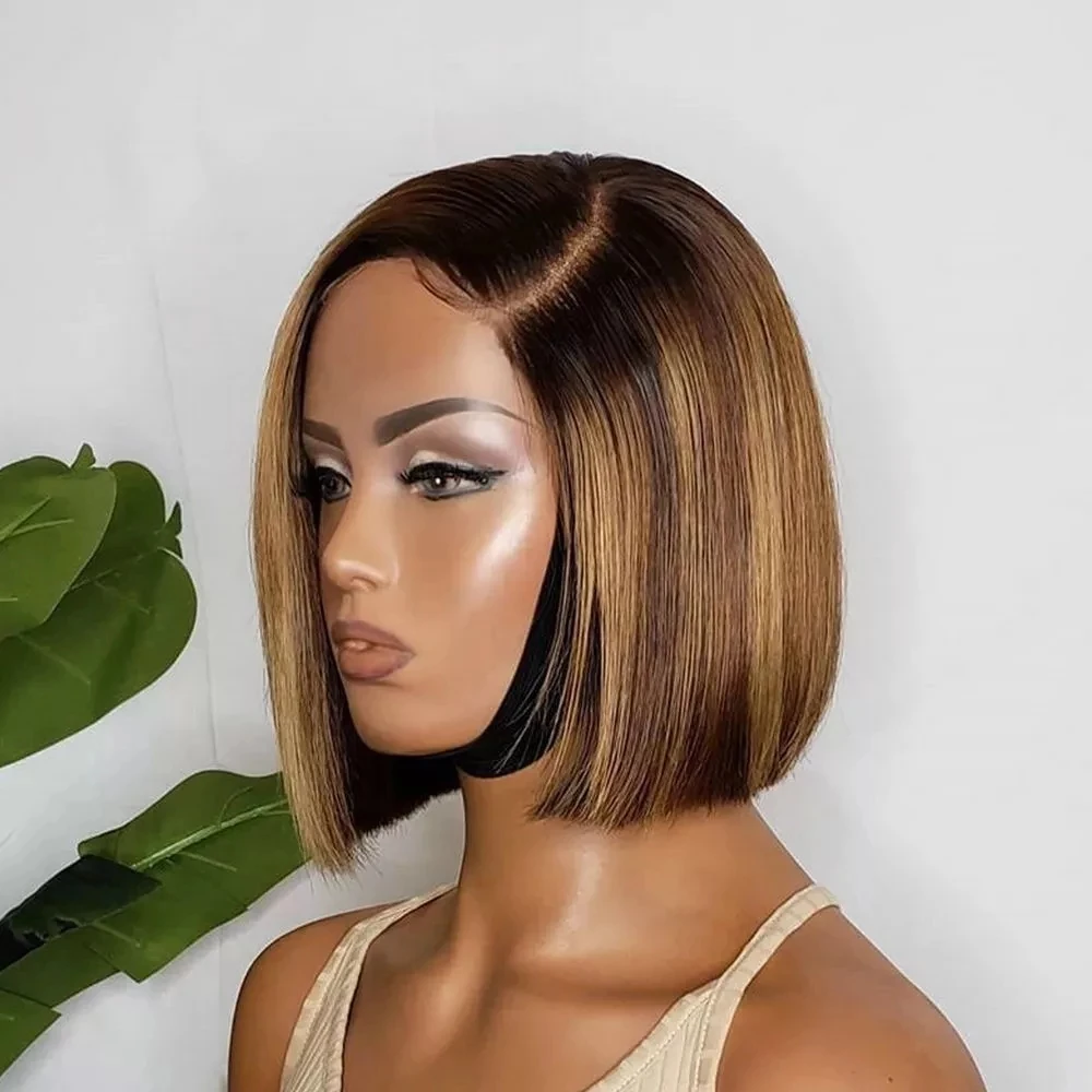 Silky Straight Bob Straight Highlight Indian Remy Human Hair Wigs with Baby Hair 13x6 Side Part Lace Front 180Density Wigs  