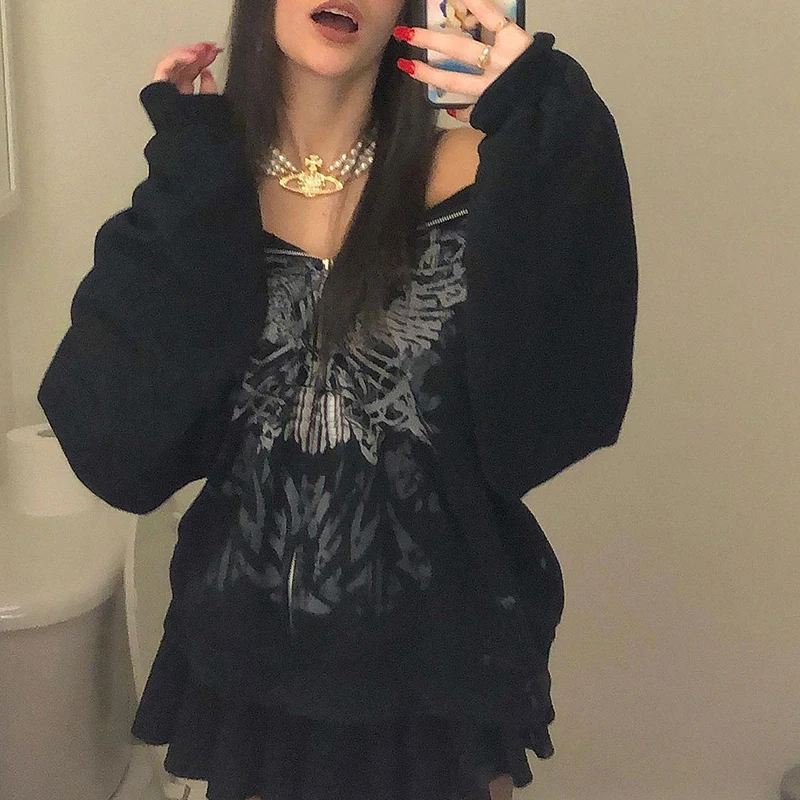

WeiYao Butterfly Print Grunge Fairycore Hoodie Jackets Gothic Zip Up Loose Autumn Coats Retro Harajuku Cute Aesthetic Top
