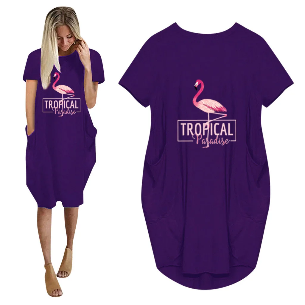 

Fashion Personality Flamingo Printed Women's Plus Size Dress Casual Round Neck Short Sleeve Loose Street Hipster Women's Dress