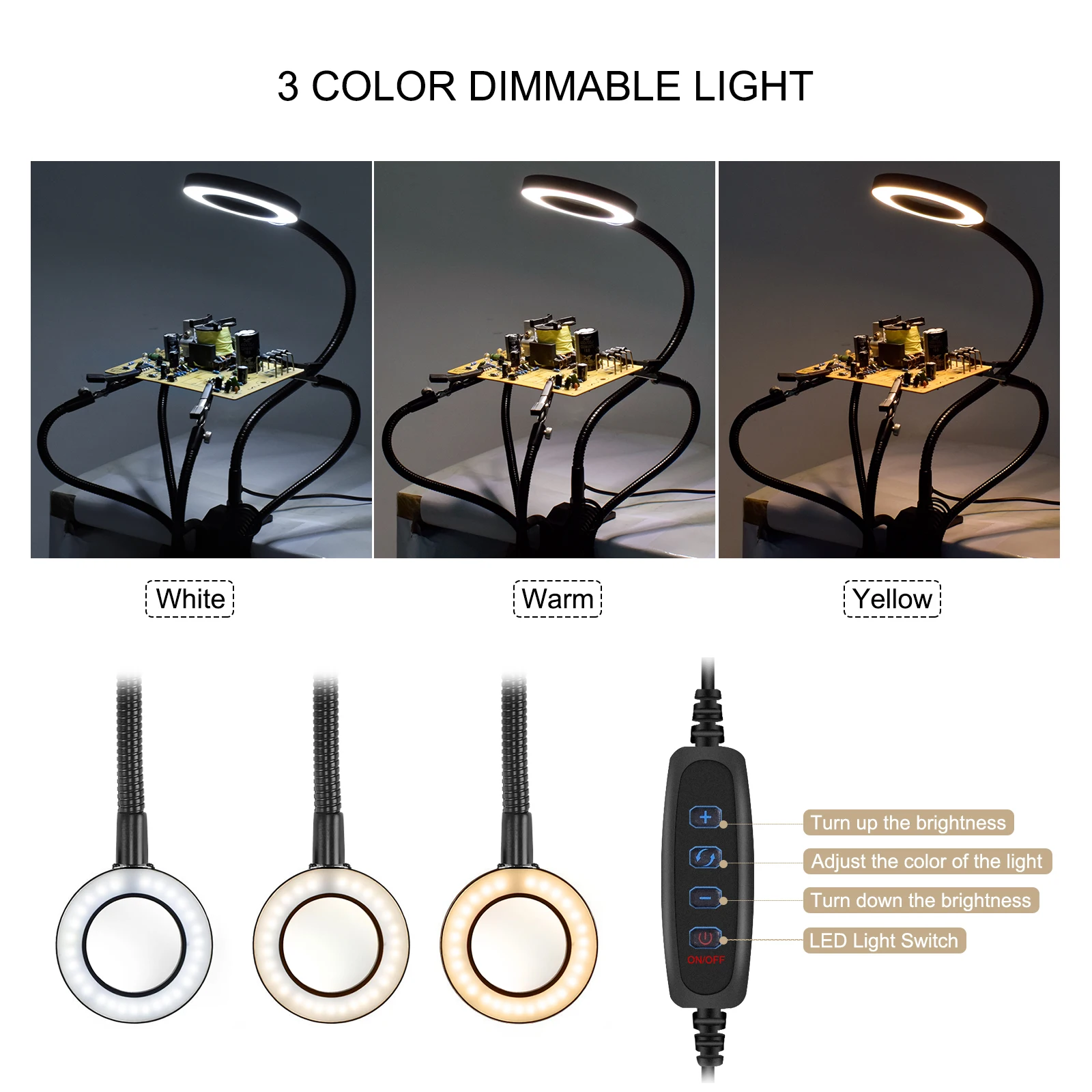 Toolour 5pc Flexible Arms Third Helping Hand Table Clamp USB LED Lamp 3X Magnifier Soldering Iron Holder DIY Repairing Tool | Инструменты
