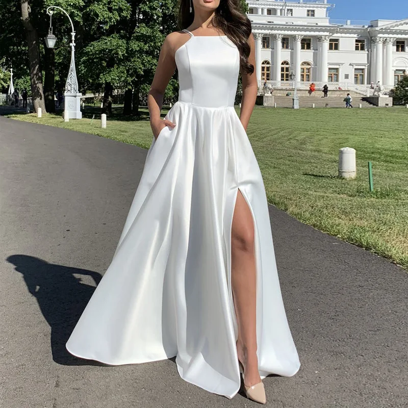 

Sexy Backless Bride Wedding Dress Light Mature Spaghetti Strap Prom Dresses High Split Robe De Soiree Summer New Lady Vestidos