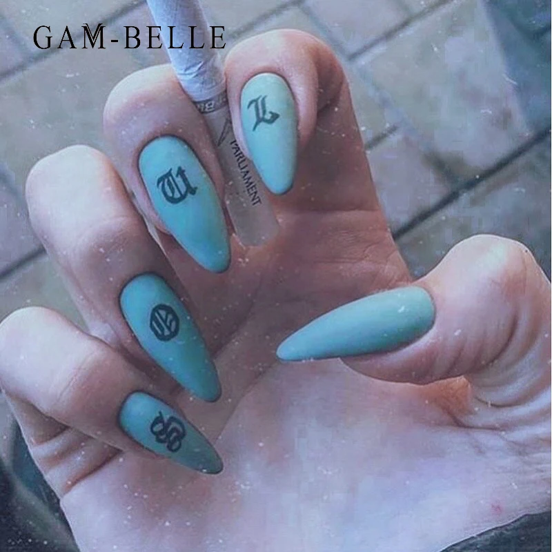 

GAM-BELLE, в стиле панк, накладные ногти с буквенным принтом, французский стиль, стилеты, полное покрытие, искусственные Типсы для маникюра, инст...