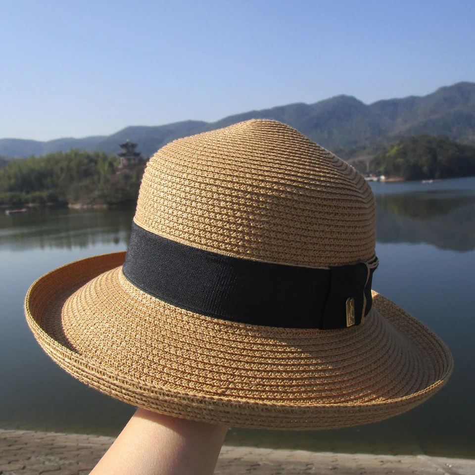 Шляпа Соломенная женская Пляжная с черным ремнем и защитой от УФ-лучей цвет хаки
