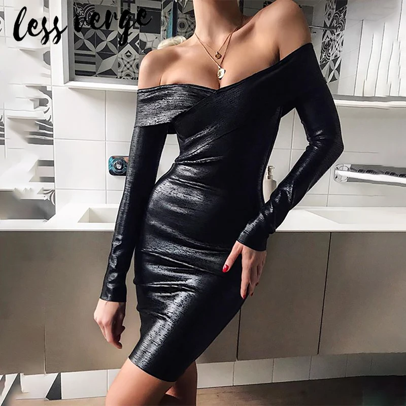 Lessvege черное сексуальное платье из искусственной кожи с вырезом лодочкой и