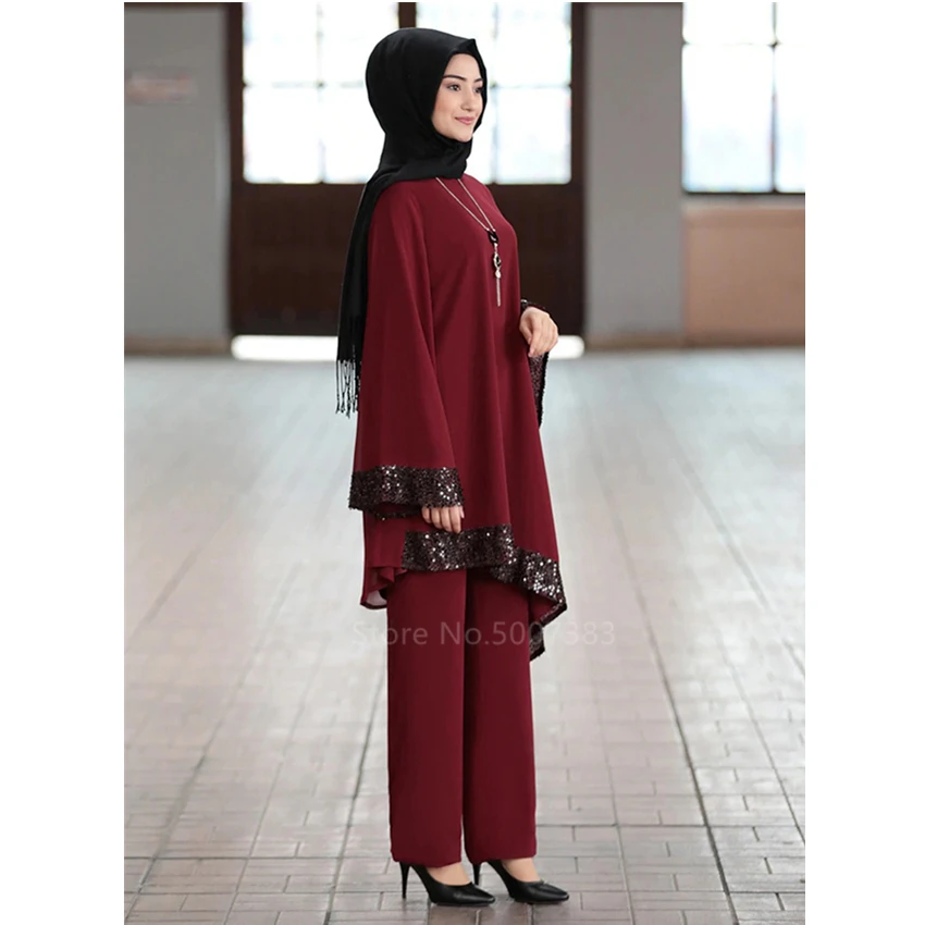 

Muslim Women 2 Pieces Set Casual Solid Plus Size Suit Spring Long Sleeve Loose Sequin Asymmetry Islamic Turkish Arabic Clothing