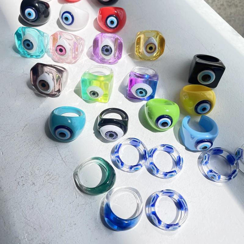 

2021 New Evil Eye Transparent Resin Round Rings for Women Girls Summer Korean Devil's Eye Blue Jewelry Gifts Wholesale