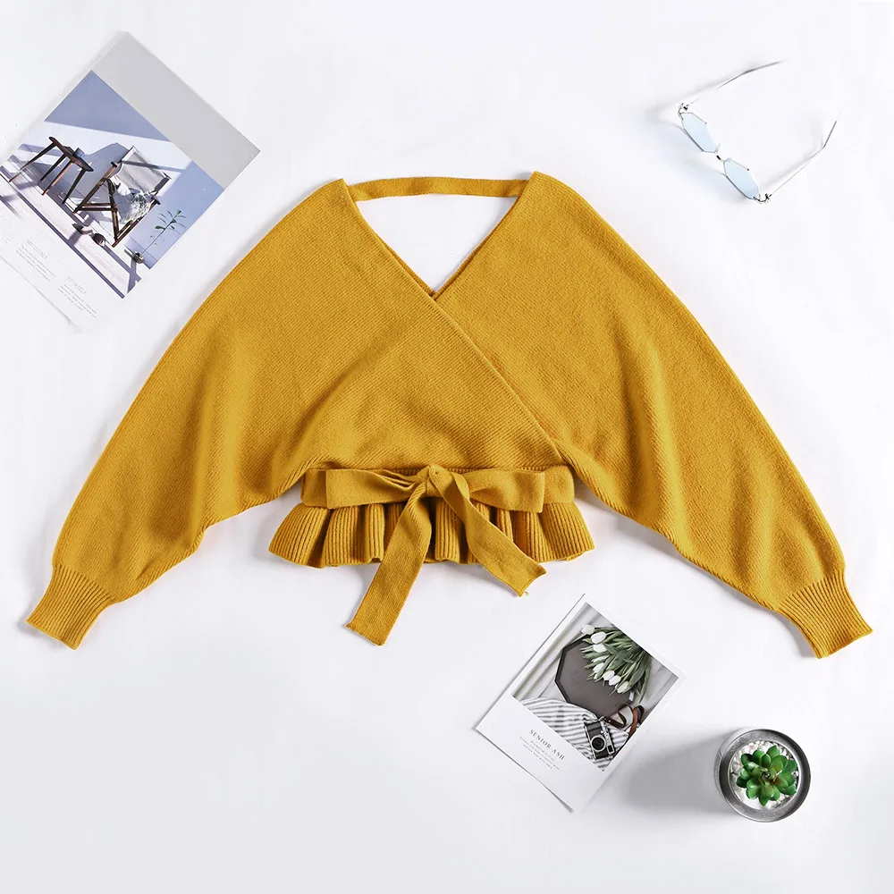 Fall Winter Women Sweater Ruffled Hem Strap Cross V-Neck Crop Top Pullovers Slim Sexy Bat Sleeve Knitwear Bandage Short | Женская одежда