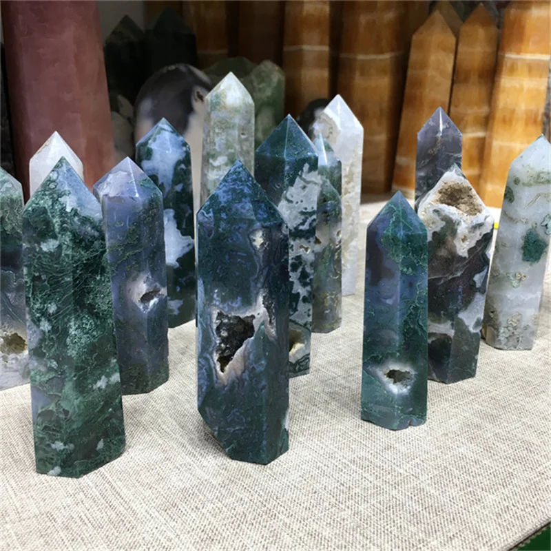 

Wholesale natural green moss agate towers quartz crystals healing wand points aquatic druzy agate obelisk for decoration