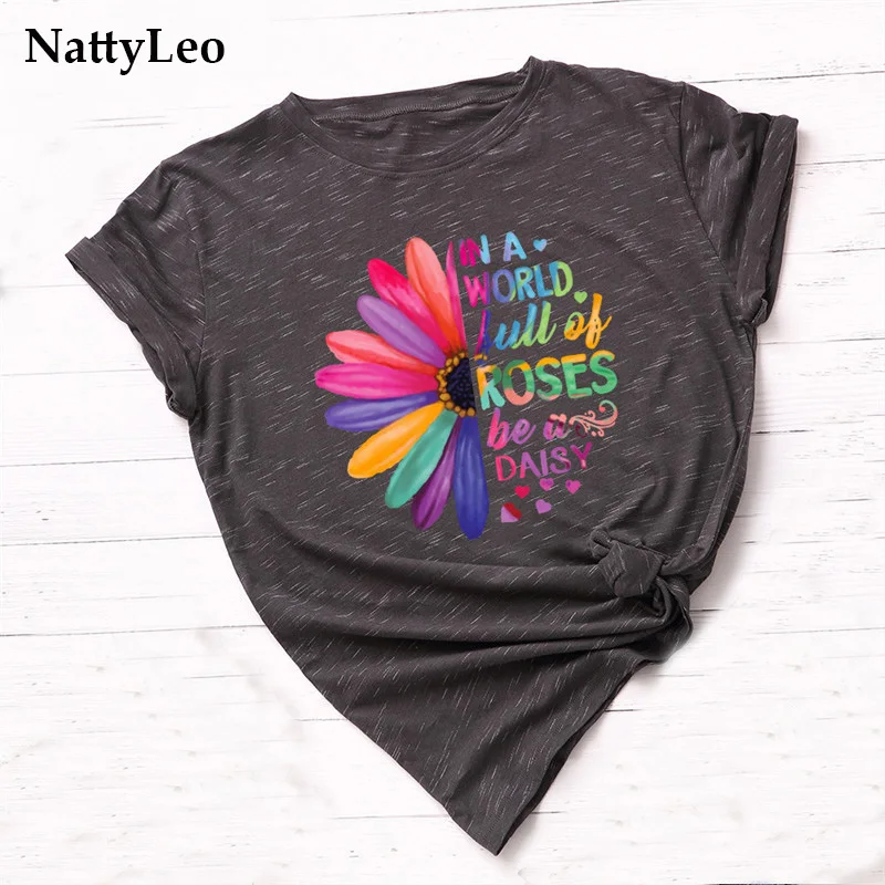 Футболка женская с принтом маргариток 100% хлопок топ круглым вырезом и коротким