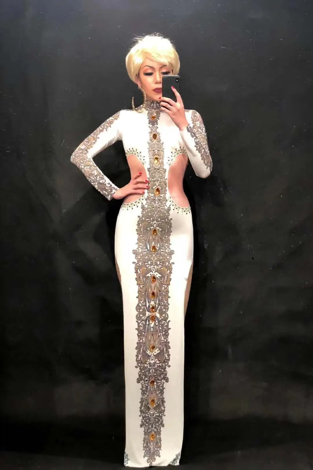 

New Spring Autumn Dress Printed Rhinestone Sexy Tight High Quality Elegant Long Maxi Dress Party Celebrate Stage Club Costume