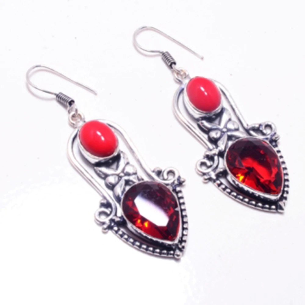 Натуральный гранат + коралловые серьги серебряное покрытие над медью ручная