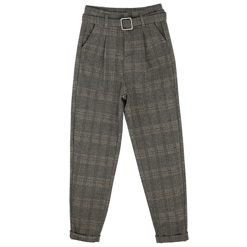 England Style Loose Fit Straight Womens Woolen Plaid Trousers Vintage Fashion High Waist Sashes Casual Female Ankle Lenght Pants