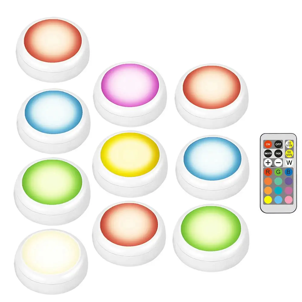 10 lamp and remote Светодиодный светильник на батарейках RGB цвет Шайба светильник s затемнения под полкой кухонный счетчик светильник ing пульт дистанционного управления ночной Светильник - Цвет: 10 lamp and remote