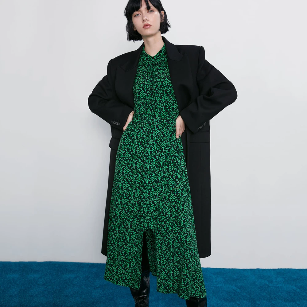 Женское длинное платье ZA зеленое ТРАПЕЦИЕВИДНОЕ ПЛАТЬЕ с воротником стойкой и