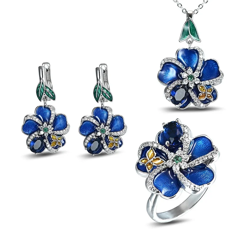 

Hot Sale Blue Flower Floral Butterfly Shaped Jewelry Set Bling Iced Out Rhinestone Zircon for Women Party Wedding Jewelry