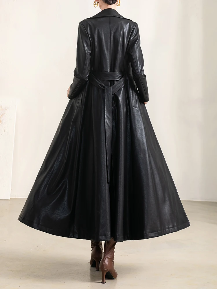 New Women Black Leather Overcoat Spring 2022 Elegant Fashion Classic Simple Suit Collar Slim All-match Long Leather Coat