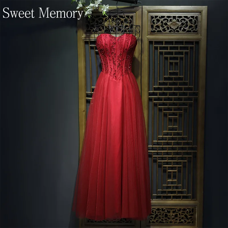 

S0158 Custom Made Sweetheart Bridesmaid Dress Wine Red Beading Long Party Gown Vestido Sweet Memory