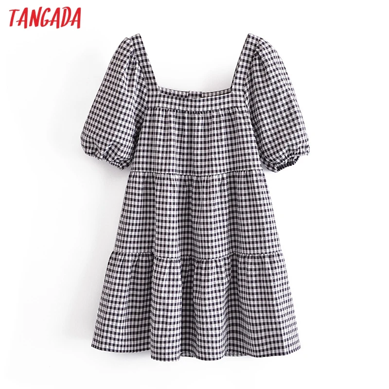 

Tangada 2021 Summer Women Plaid Print Beach Dress Puff Short Sleeve Ladies Mini Dress Vestidos 3H252