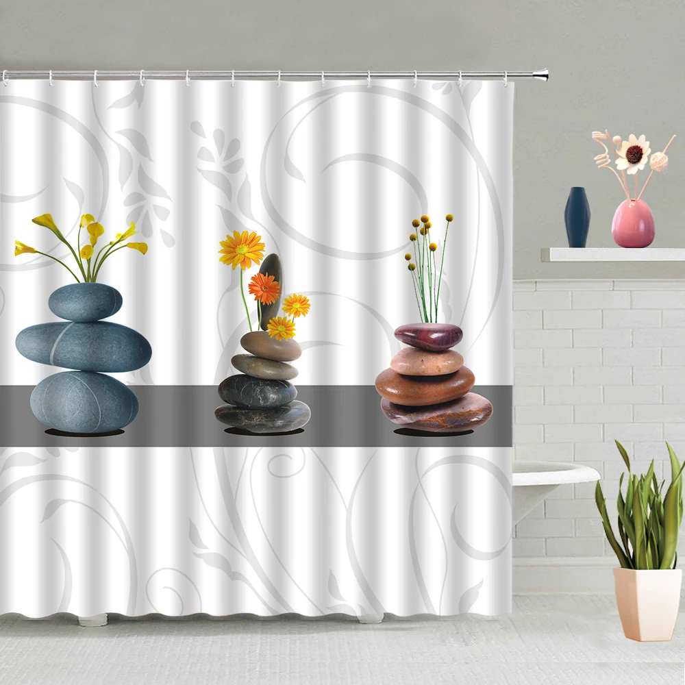 

Zen Stone Shower Curtain Bamboo Green Leaves Flower Plants Pebble Spa Bathroom Bathtub Decoration Screen Washable With Hooks