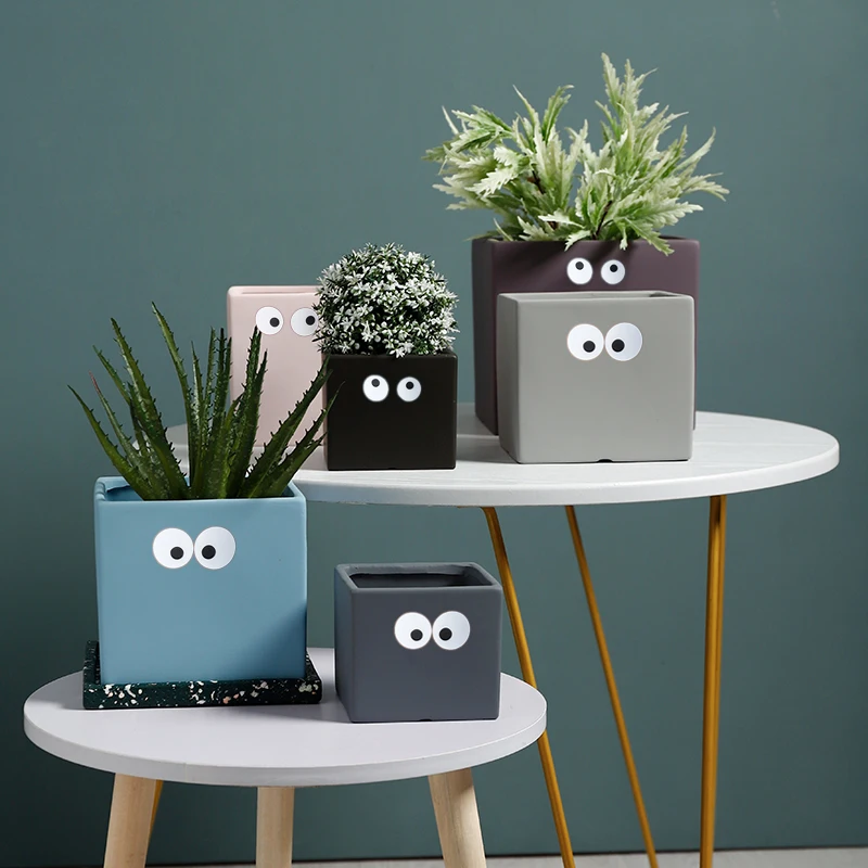 

Gardening Abstract Eyes Square Caliber Perforated Ceramic Flower Pot Vase DIY Stickers Succulent Cactus Planter Green Flower Pot