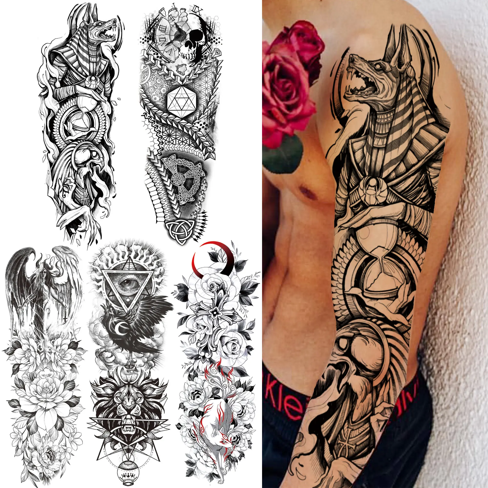 

Tribal Devil Temporary Tattoos For Men Women Adult Skull Maori Full Sleeve Tattoo Sticker Fake Flower Black Wings Geometry Tatoo
